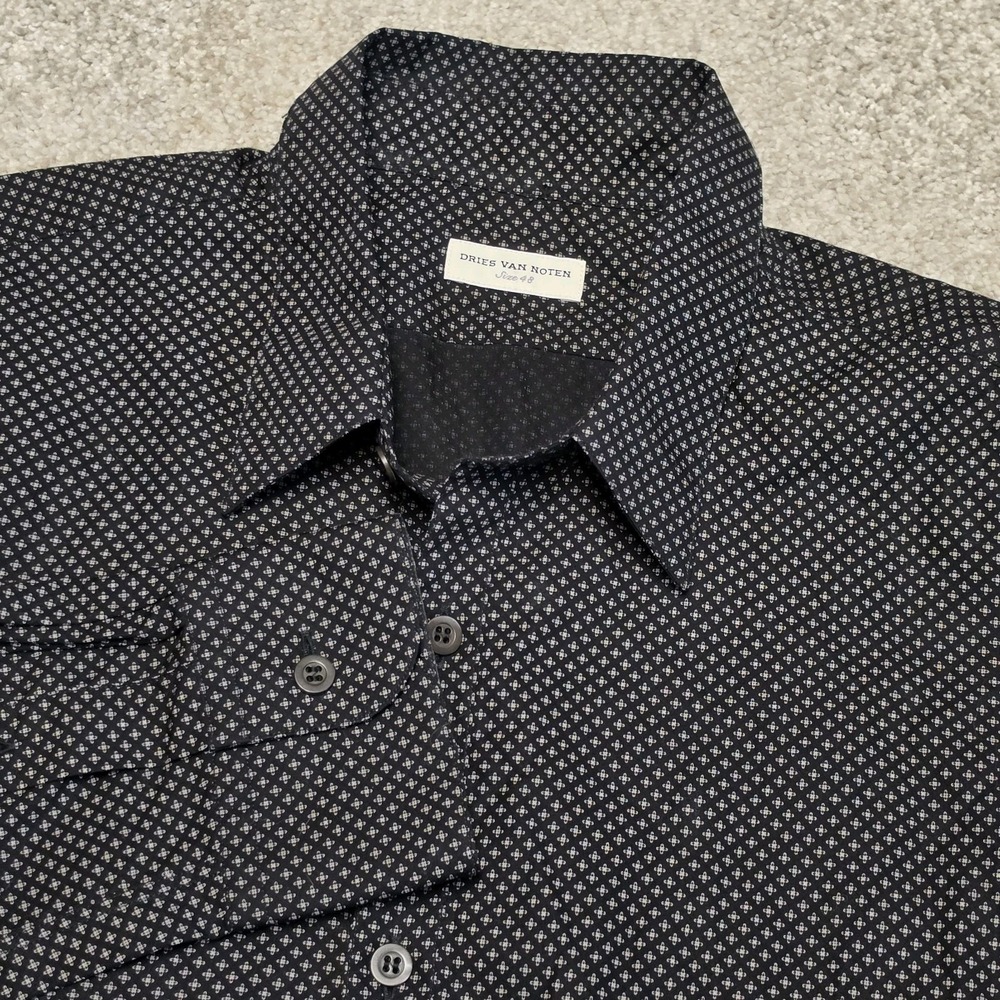 Dries Van Noten Mens Shirt Sz 48 Medium Black White Micro Print Cotton Button Up